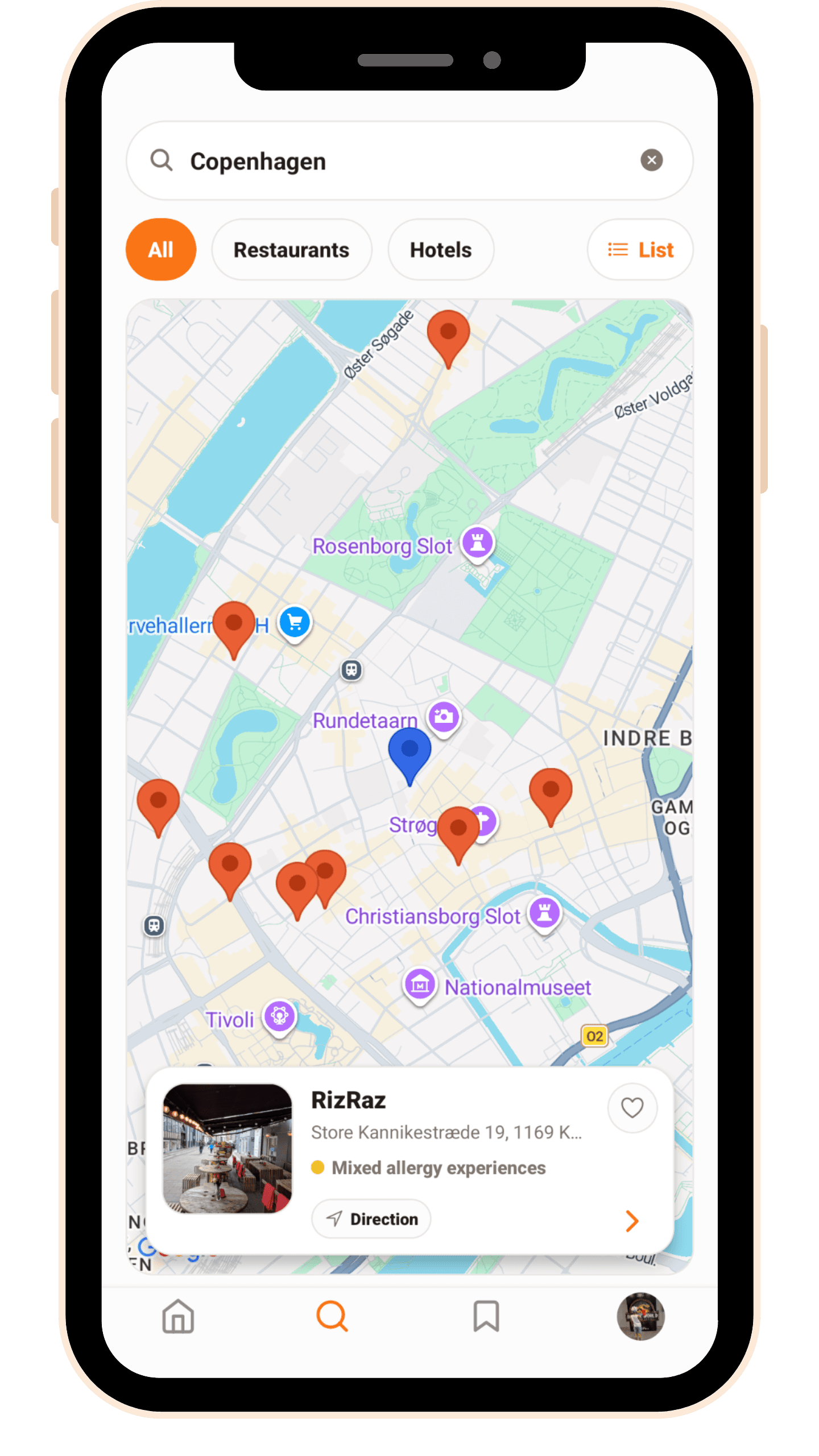 AllergyTrip map search screen showing nearby restaurants with allergy information